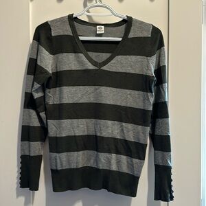 Willem Jean sweater. Olive and grey stripe. Button detail on wrists. Size S